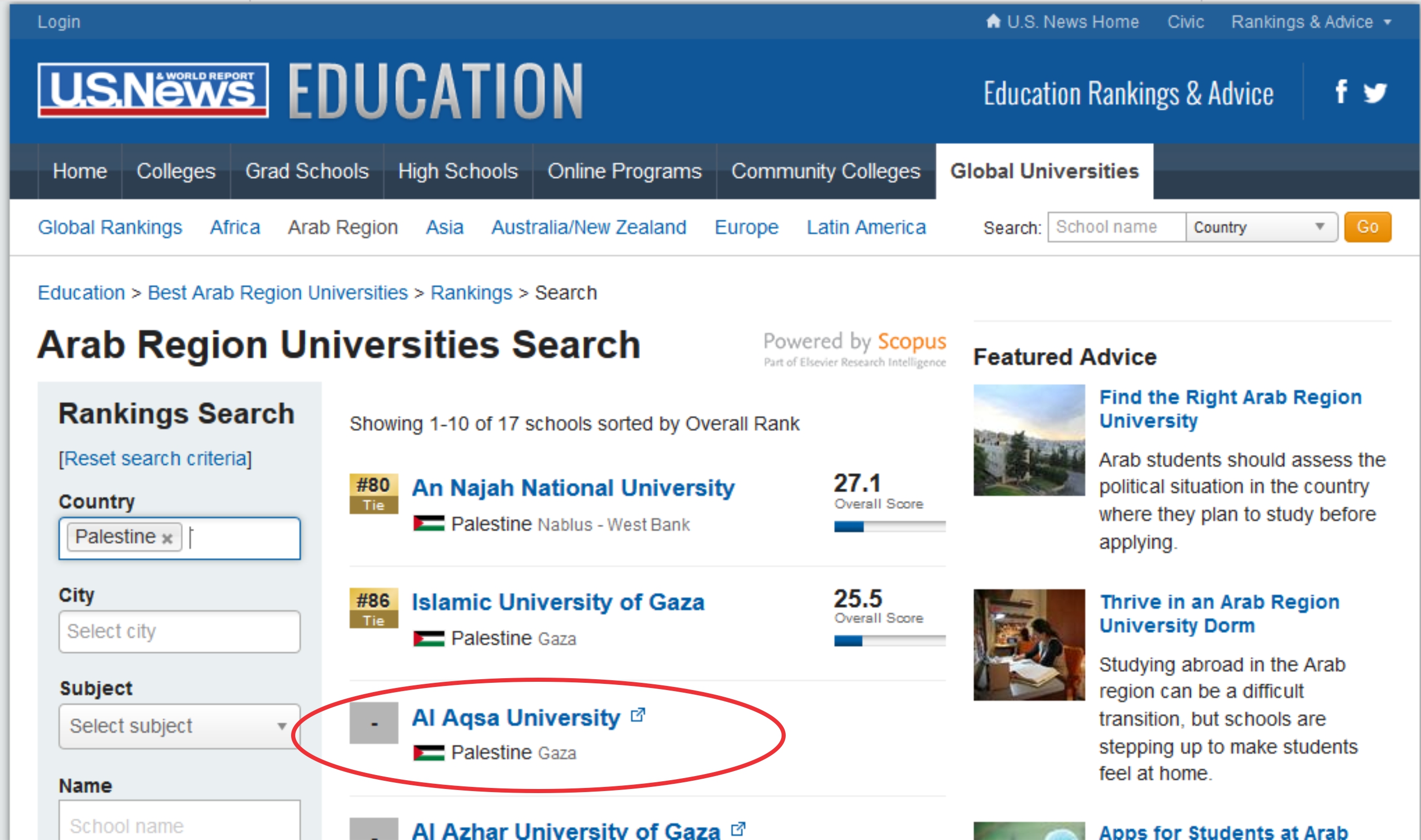 جامعة الأقصى تحصل على الترتيب الثالث في تصنيف (يو اس نيوز) كأفضل جامعة على مستوى الوطن