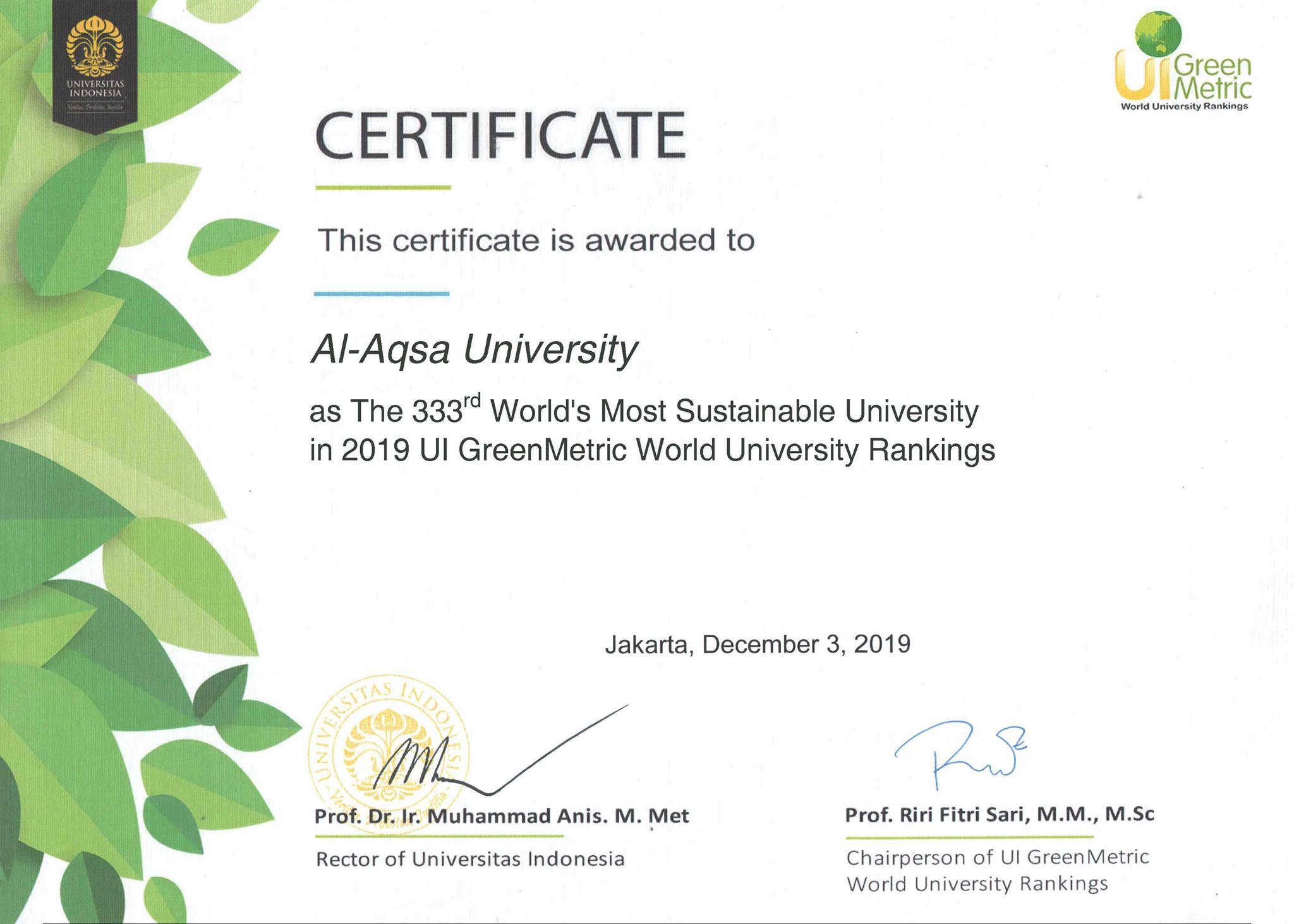 Al-Aqsa University succeeded to rank the 2nd most sustainable university in green environment in Palestine